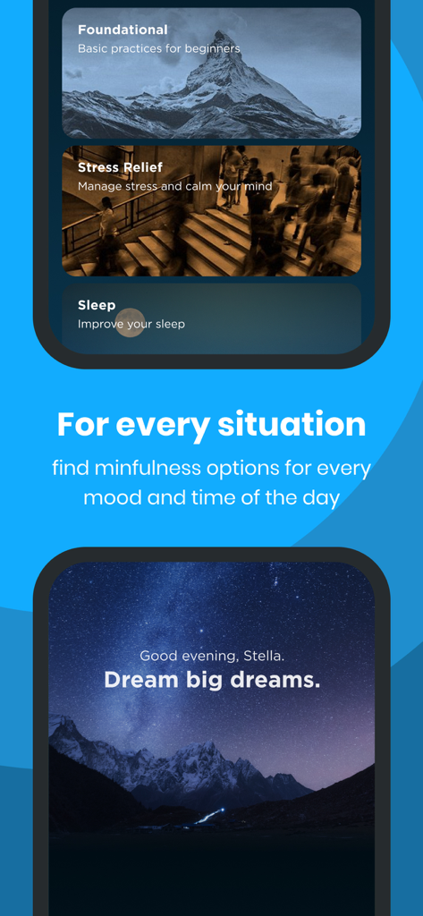 A interface do The Mindfulness App exibindo categorias de meditação para alívio do estresse, sono e práticas fundamentais.