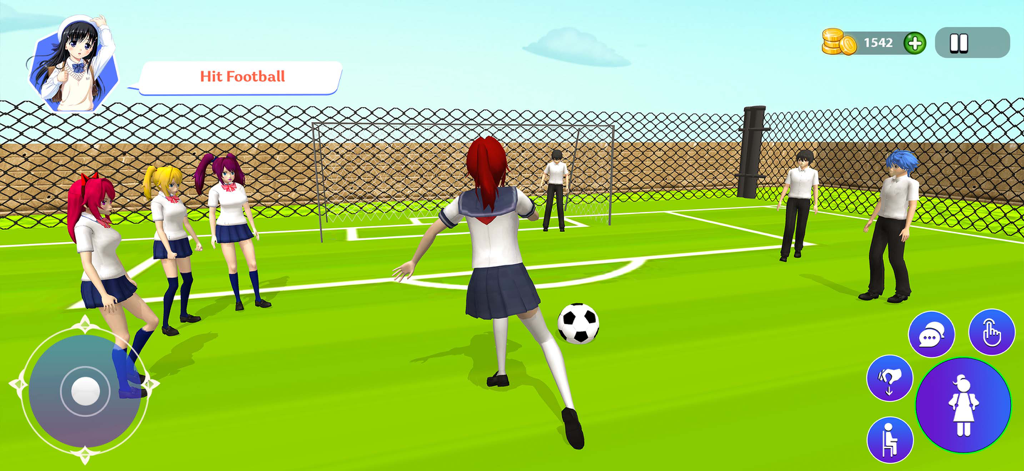Anime Girl Life Simulator 3D - 3D 시뮬레이터 게임에서 경기장에서 축구를 하는 교복을 입은 애니메이션 캐릭터들.