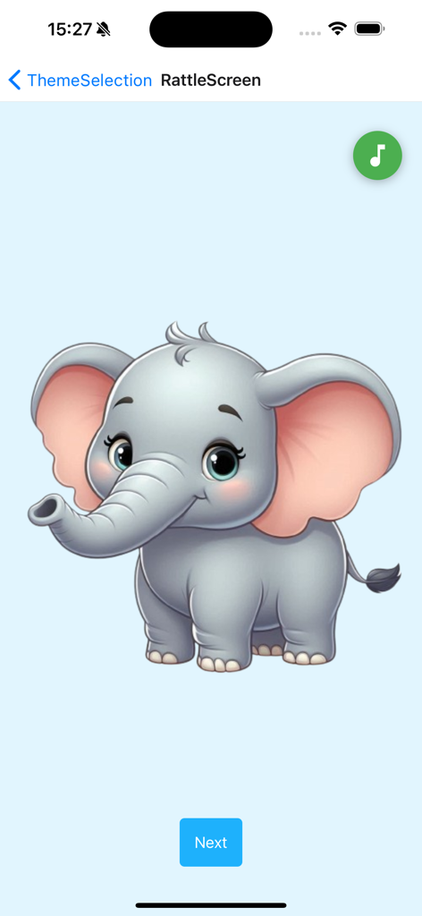 Rattle Clatter - A cute cartoon baby elephant on the Rattle Clatter app screen