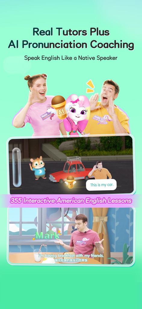 Interactive English learning app interface showing real tutors and AI pronunciation coaching.