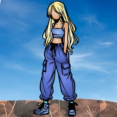 girl in baggy pants crop top and long hair
