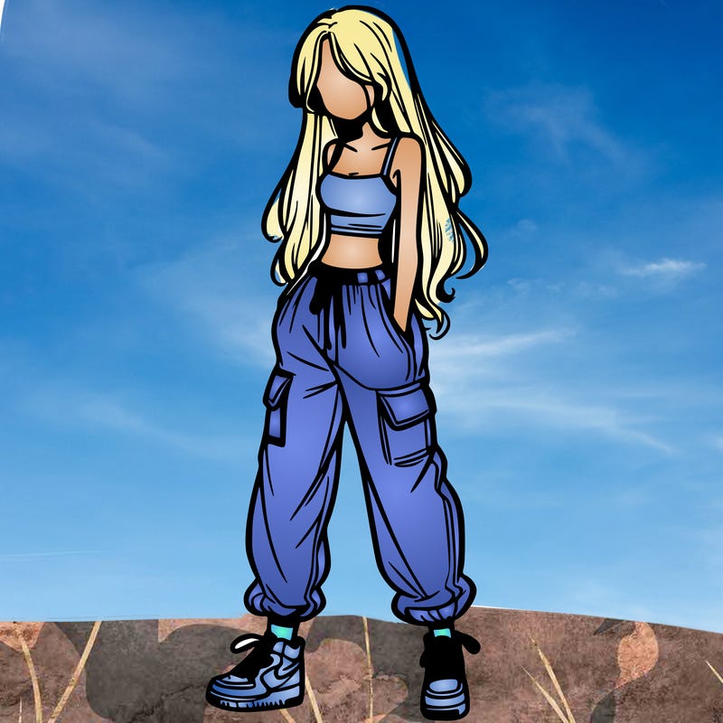 girl in baggy pants crop top and long hair