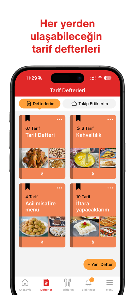 Mobile app interface showing organized Turkish recipe notebooks with food photo thumbnails
