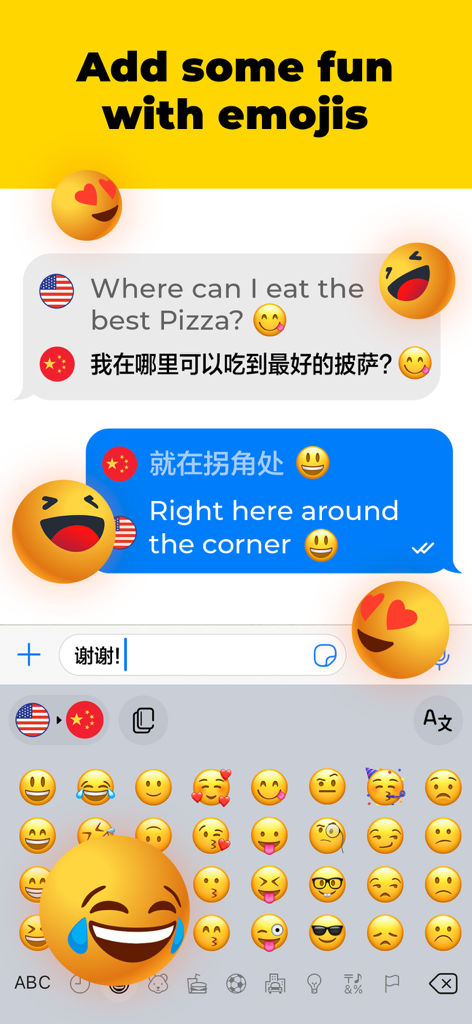 TypeOn: Ai Keyboard Translator - A screenshot of the TypeOn AI keyboard translator app featuring an emoji keyboard and a translated chat conversation between English and Chinese.
