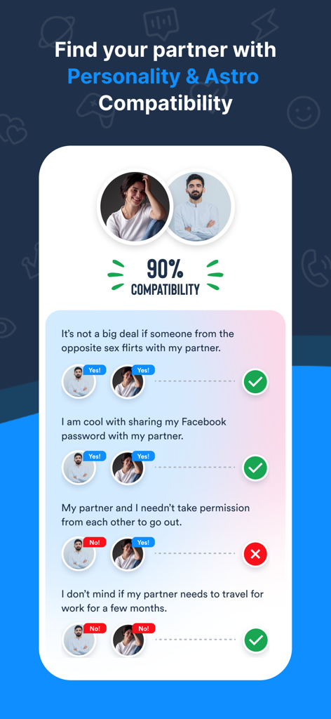 두 매치 간의 관계 퀴즈 답변 비교 및 90% 호환성 점수를 표시하는 TrulyMadly 앱 화면