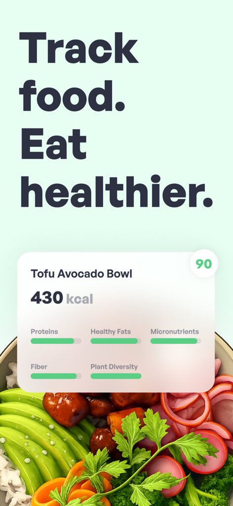 Miobi: AI Calorie Tracker - Miobi app screenshot showing AI calorie tracking and nutritional breakdown for a healthy meal