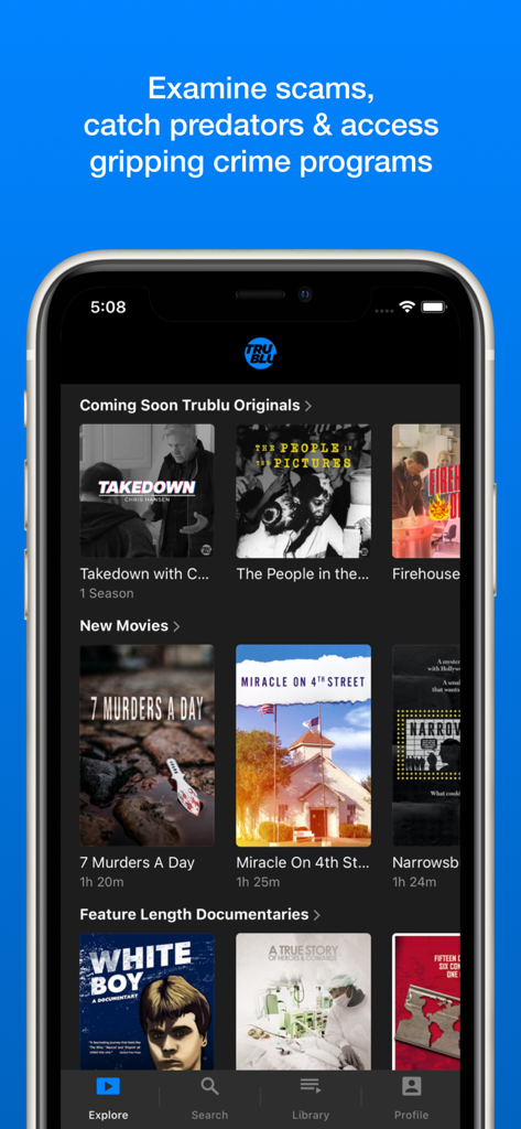 TruBlu mobile app interface displaying investigative crime documentaries and original series like Takedown with Chris Hansen.