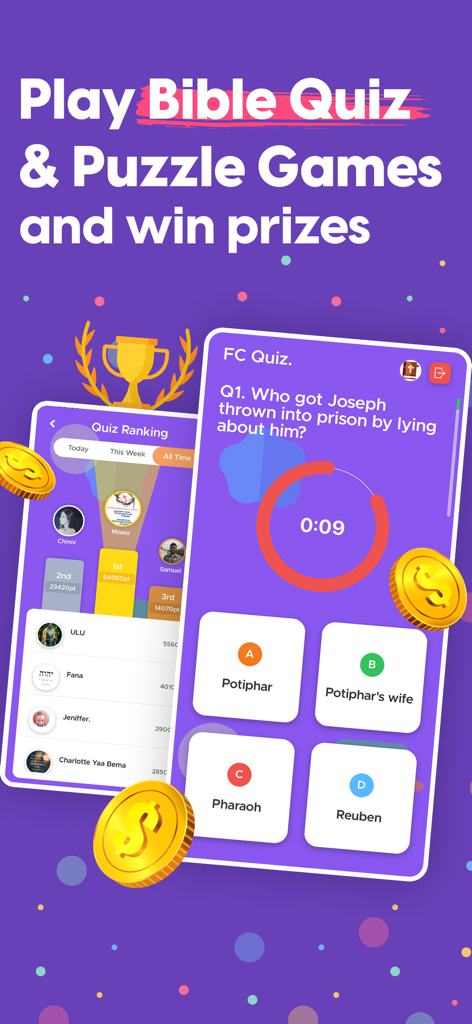 FaithCircle: Chat. Meet. Dates - FaithCircle app screens showing a Bible quiz question and the user ranking leaderboard
