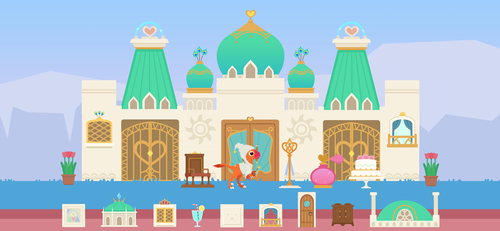 Dinosaur wizard character standing in front of a white and green palace with construction blocks below.