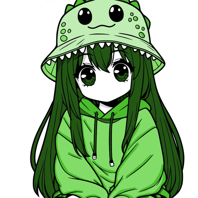 girl with anime shaped eyes with a dinosaur bucket hat oversized sweatshirt long straight hair