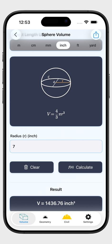 Volume Calculator 3D - Sphere volume calculation screen showing diagram formula and result in inches