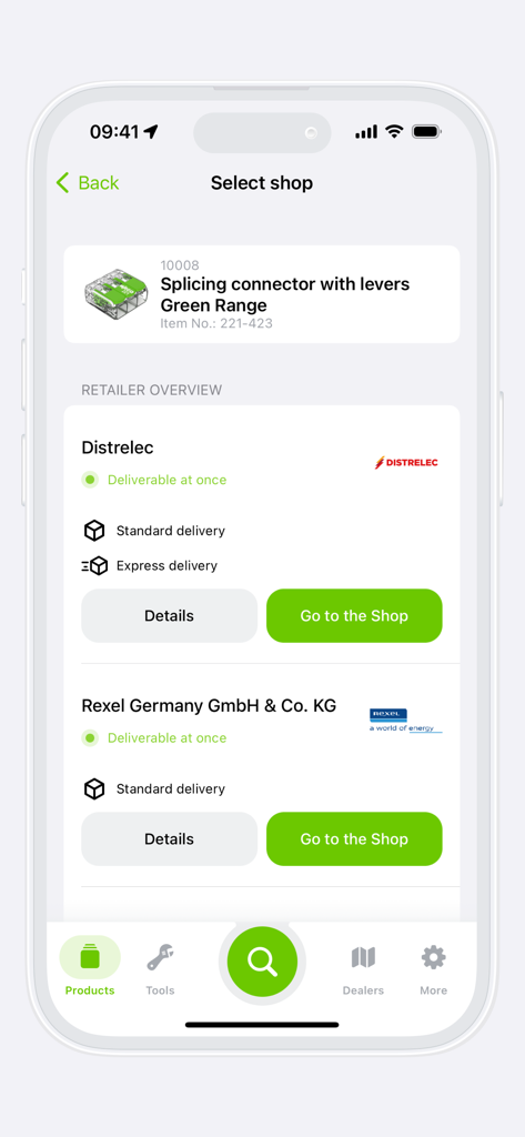 WAGO app retailer overview screen showing availability and purchase options for a splicing connector across different shops.