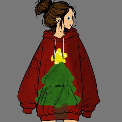 realistic girl with a oversized sweatshirt on and a bun