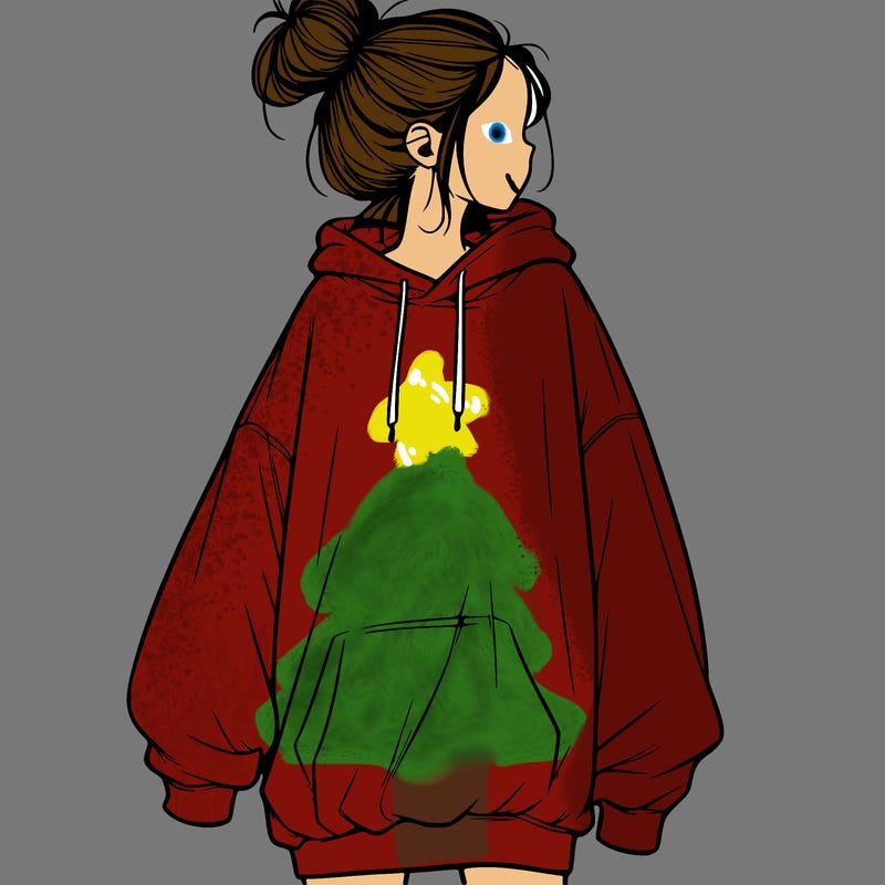 realistic girl with a oversized sweatshirt on and a bun