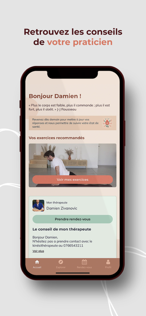 Andrew® - mobilité santé - Interfaz de la aplicación Andrew que muestra consejos del profesional y ejercicios recomendados