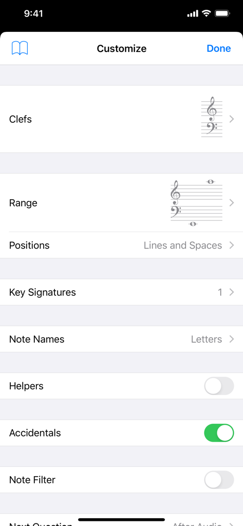 Tenuto - Tenuto app customization screen for music theory exercises showing settings for clefs and range