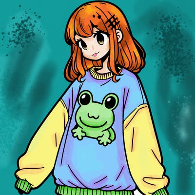 girl wearing frogging sweatshirt