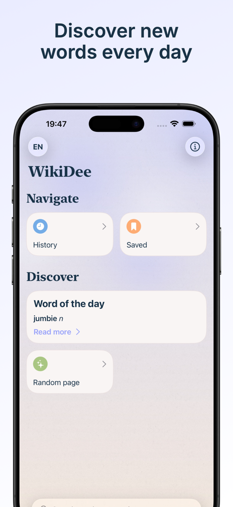 WikiDee home screen on iPhone showing word of the day and minimalist navigation