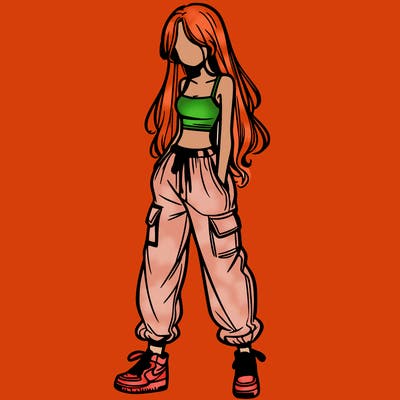 girl in baggy pants crop top and long hair