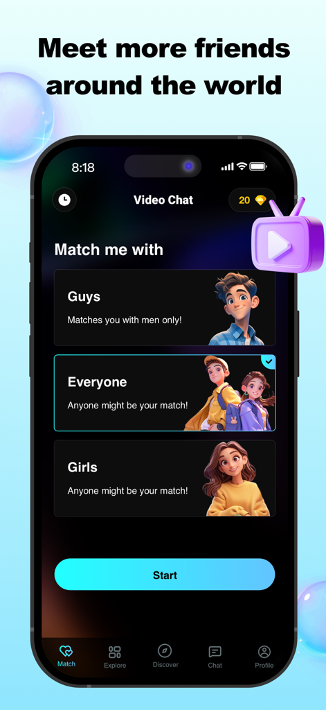Una captura de pantalla de la pantalla de emparejamiento de la aplicación KALLA que muestra opciones para seleccionar entre Chicos, Todos y Chicas para el chat de vídeo en línea.
