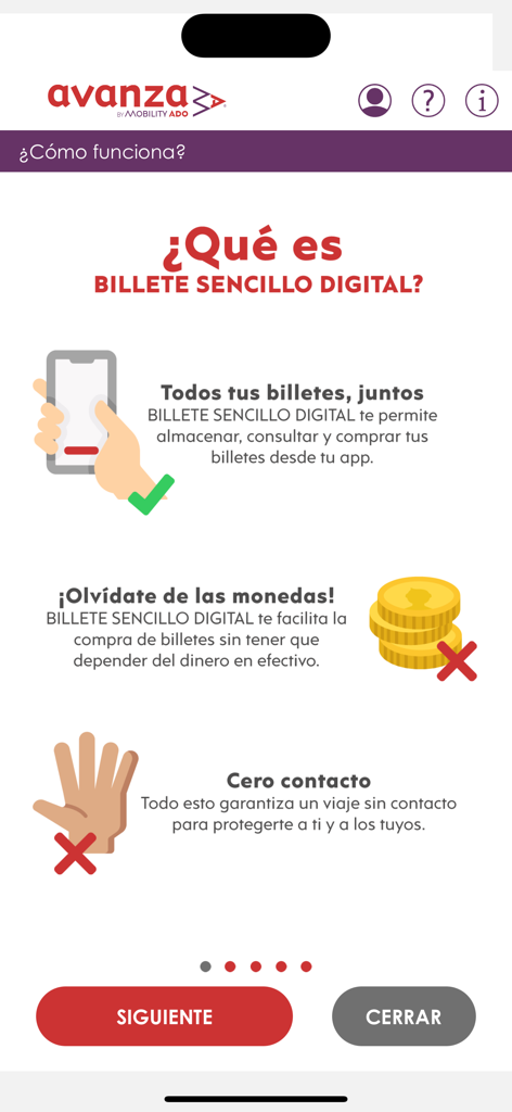 Pantalla de información de la app Autobuses Urbanos de Zaragoza explicando las funciones de billete sencillo digital como almacenamiento móvil y pagos sin efectivo