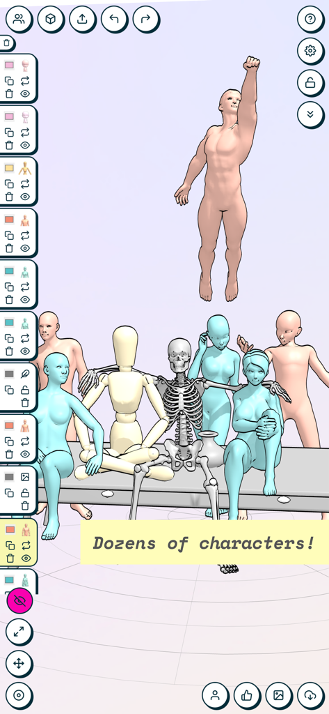 A group of 3D character models including skeletons and mannequins in various poses within the JustSketchMe app interface.