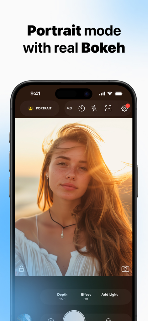 Interfaz de la aplicación Snap Pro Camera mostrando el modo retrato con efecto bokeh profesional y control de profundidad.