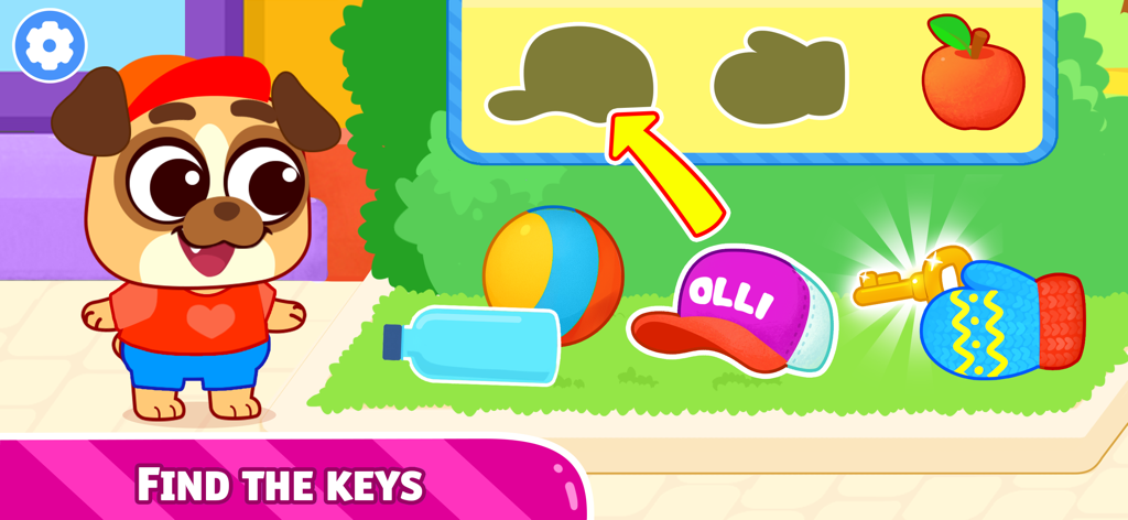 Um personagem de cachorro de desenho animado em uma tela de jogo de correspondência infantil mostrando um quebra-cabeça de sombras para encontrar chaves escondidas