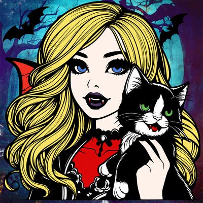 realistic vampire girl with vampire cat