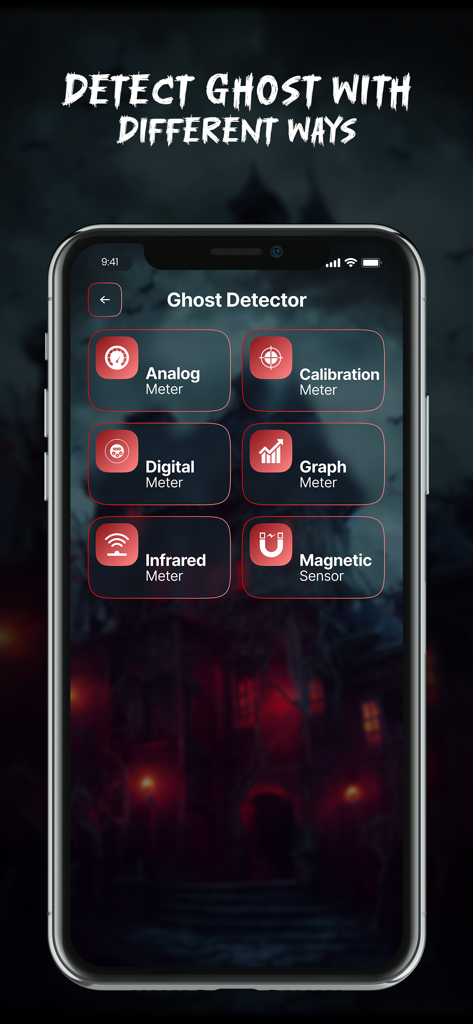 Ghost Detector - Camera Radar - Eine mobile App-Oberfläche für Ghost Detector, die verschiedene Scan-Werkzeuge wie analoge, digitale und Infrarot-Meter vor einem gruseligen Spukhaus-Hintergrund zeigt.