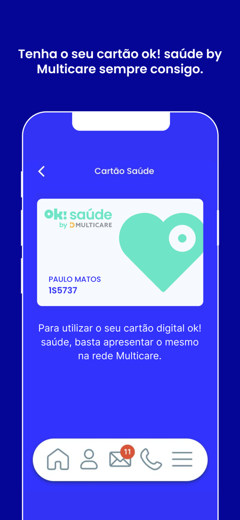 Interface de cartão de seguro de saúde digital dentro do aplicativo móvel ok seguros