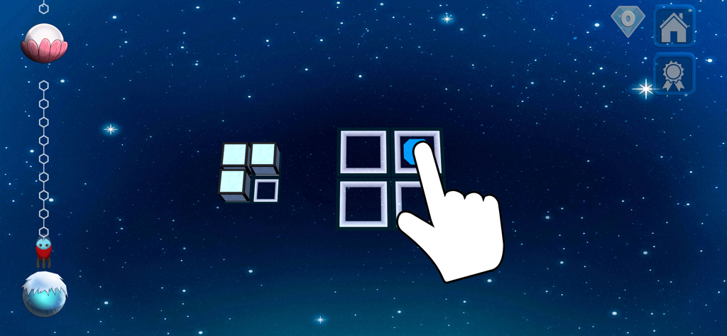 A hand cursor points to a 3D block puzzle in a space-themed educational game for kids