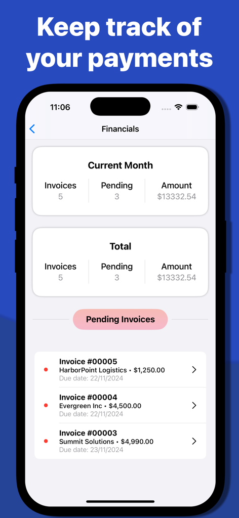 Invoice Maker Receipt Creator - Financial dashboard showing current month summary and a list of pending invoices with due dates