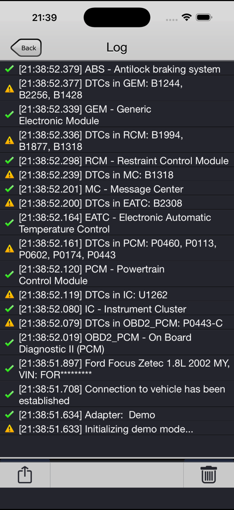 FORScan Lite - for Ford, Mazda - A diagnostic log screen from the FORScan Lite app showing vehicle module status and diagnostic trouble codes for a Ford vehicle.