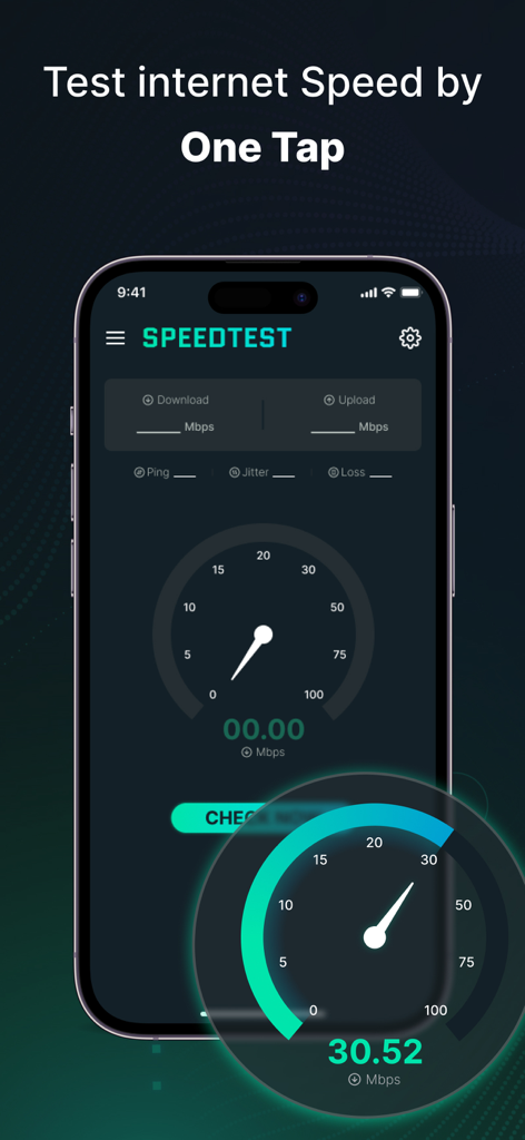 FastVPN 앱 스크린샷에 속도계 게이지가 있는 원탭 인터넷 속도 테스트 인터페이스가 표시됩니다