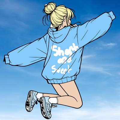 realistic girl jumping with a bun and oversized sweatshirt