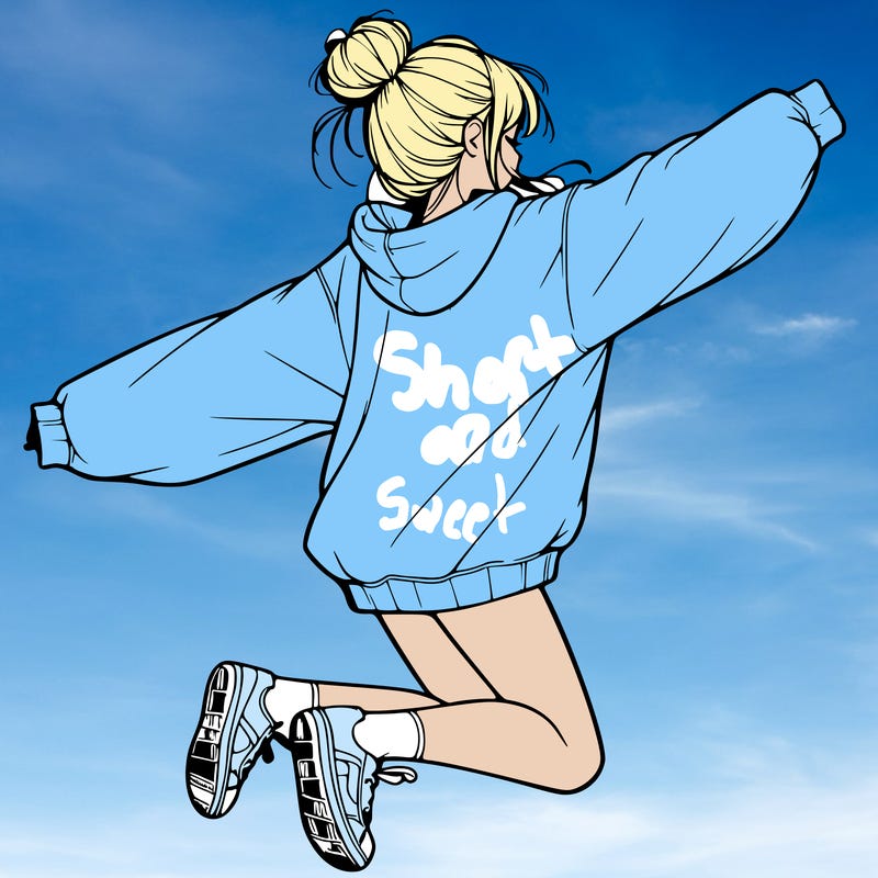 realistic girl jumping with a bun and oversized sweatshirt