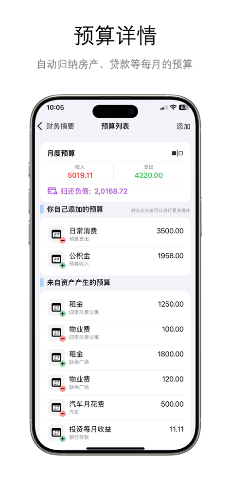 明白记账 - Detailed monthly budget overview screen in the Mingbai Jizhang finance app showing automated income and expense tracking