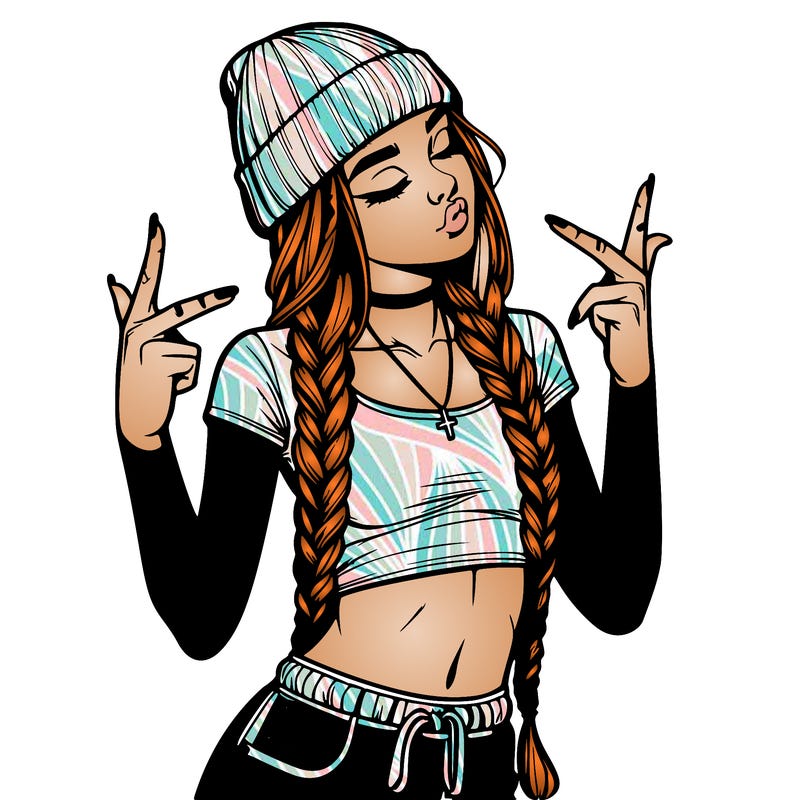 realistic teenage girl with braids and a beanie and crop top doing 🫶🏼