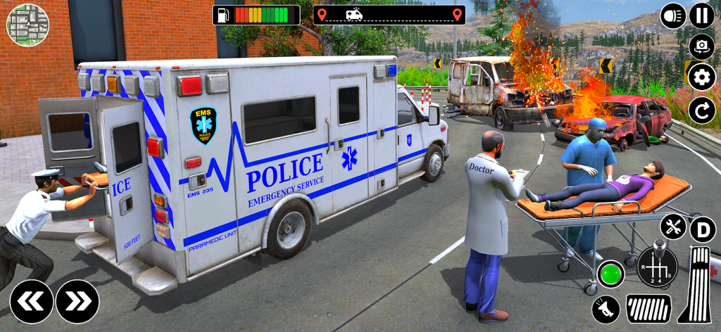 911 Ambulance-Rescue Simulator - Une capture d'écran du jeu 911 Ambulance-Rescue Simulator montrant une équipe de secouristes intervenant sur un accident de voiture avec des véhicules en feu.