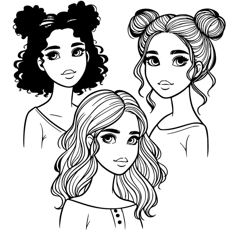 3 realistic girls one with curly buns at the top of her head two with shoulder length hair