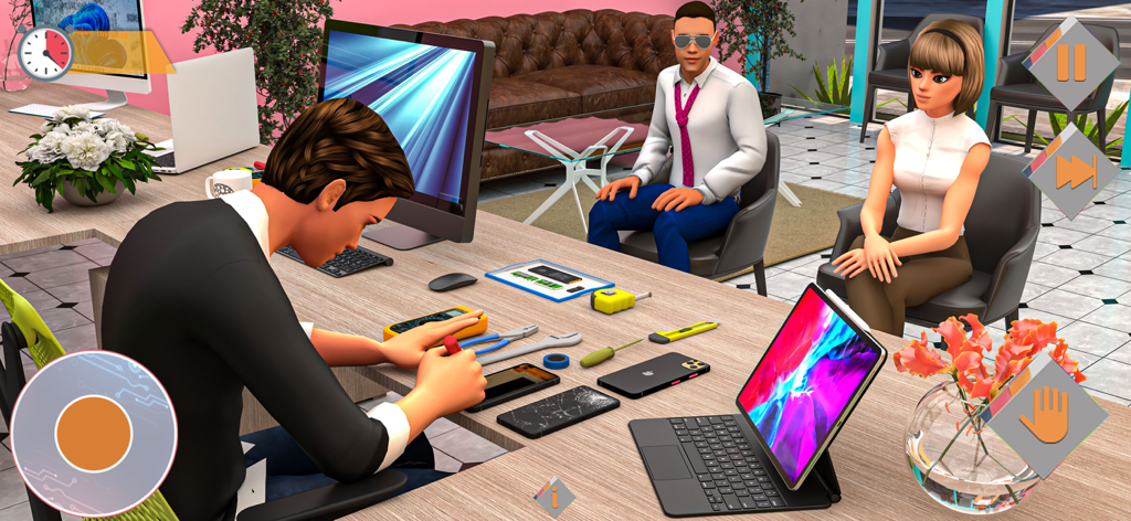 Repair & Fix Electronics Games - Simulation game showing a character repairing a phone at a workbench with tools and customers.