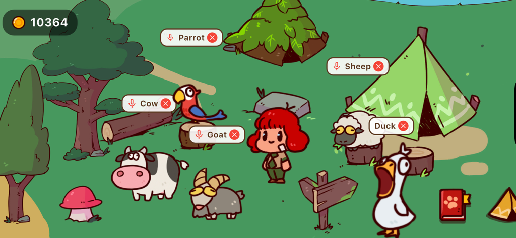 My Voice Zoo - World - マイボイス動物園 - ワールドのインタラクティブな画面。ボイスレコーディング用のマイクアイコンが付いた様々な動物が表示されている。