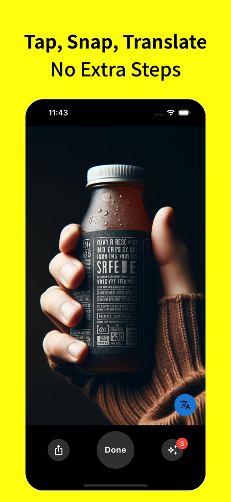 Photo Translator : Translate!! - A hand holding a bottle with a foreign label inside the Photo Translator app interface with the text Tap Snap Translate