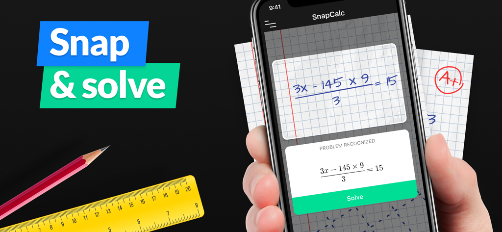 Smartphone screen using SnapCalc to recognize and solve a handwritten algebra problem from a notebook