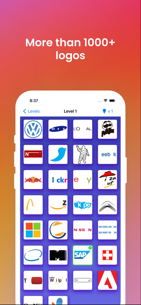 Logo Quiz - Guess This Brand! - A mobile screenshot of Logo Quiz featuring a grid of famous brand logos like Volkswagen, Twitter, and Amazon on a colorful background.