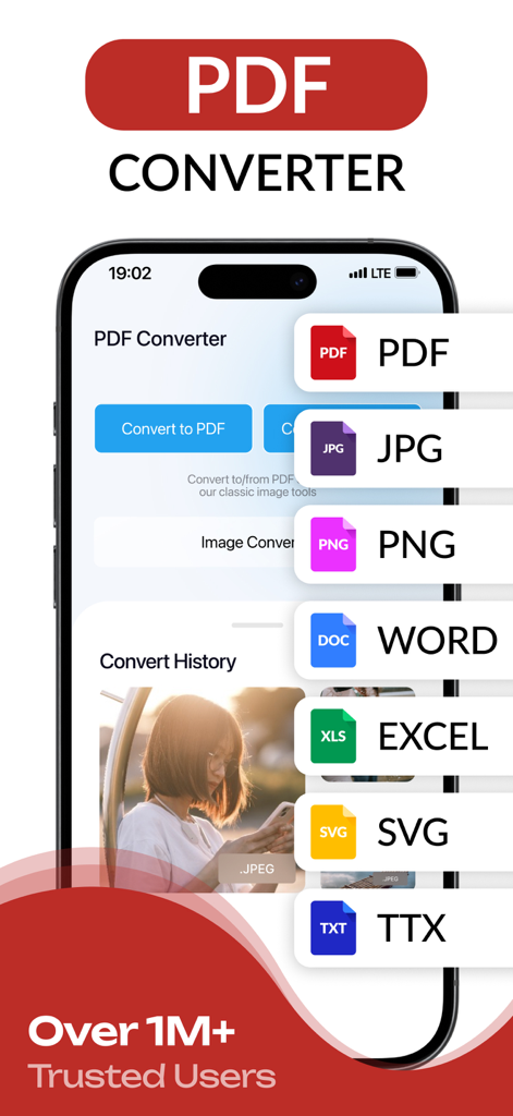PDF Converter app interface showing conversion options for PDF, JPG, PNG, Word, and Excel.