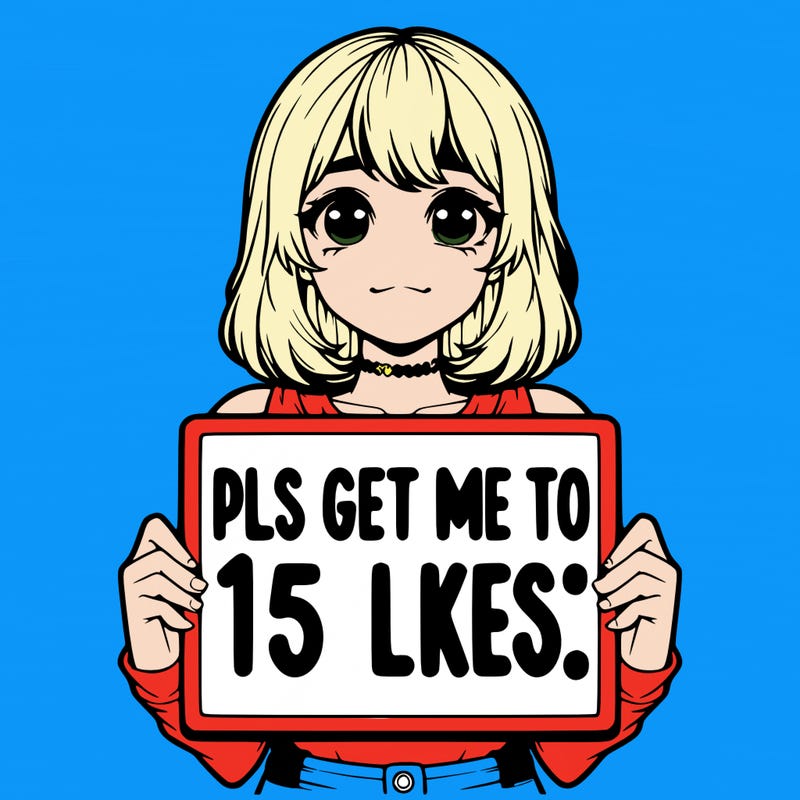 realistic girl holding up a sign that says “pls get me to 15 likes!”