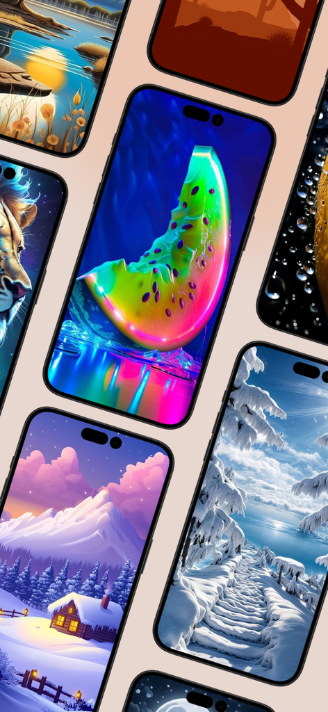 Arwa Wallpaper - A collection of iPhones showing vibrant 4K live wallpapers including neon art and nature scenes.