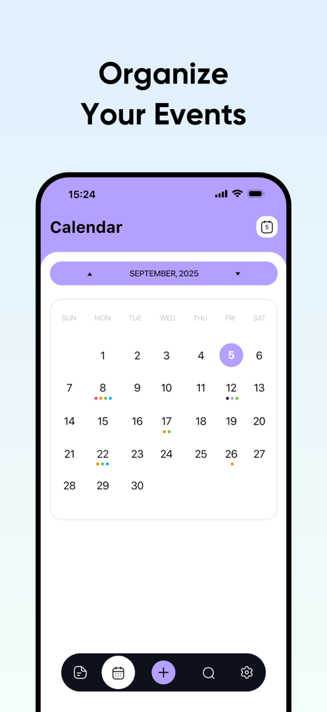 Color Note – Think Clearly - Una interfaz de calendario morada y blanca dentro de la aplicación Color Note que muestra eventos mensuales organizados.